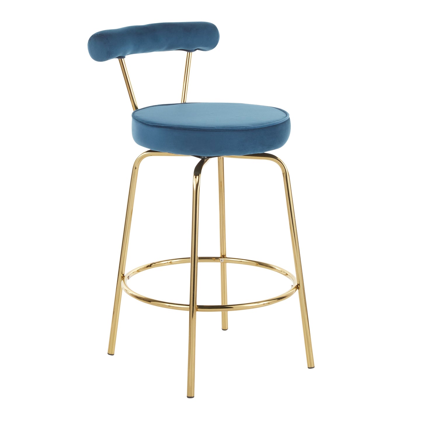 Rhonda Glam Counter Stool in Gold Metal and Blue Velvet - Set of 2