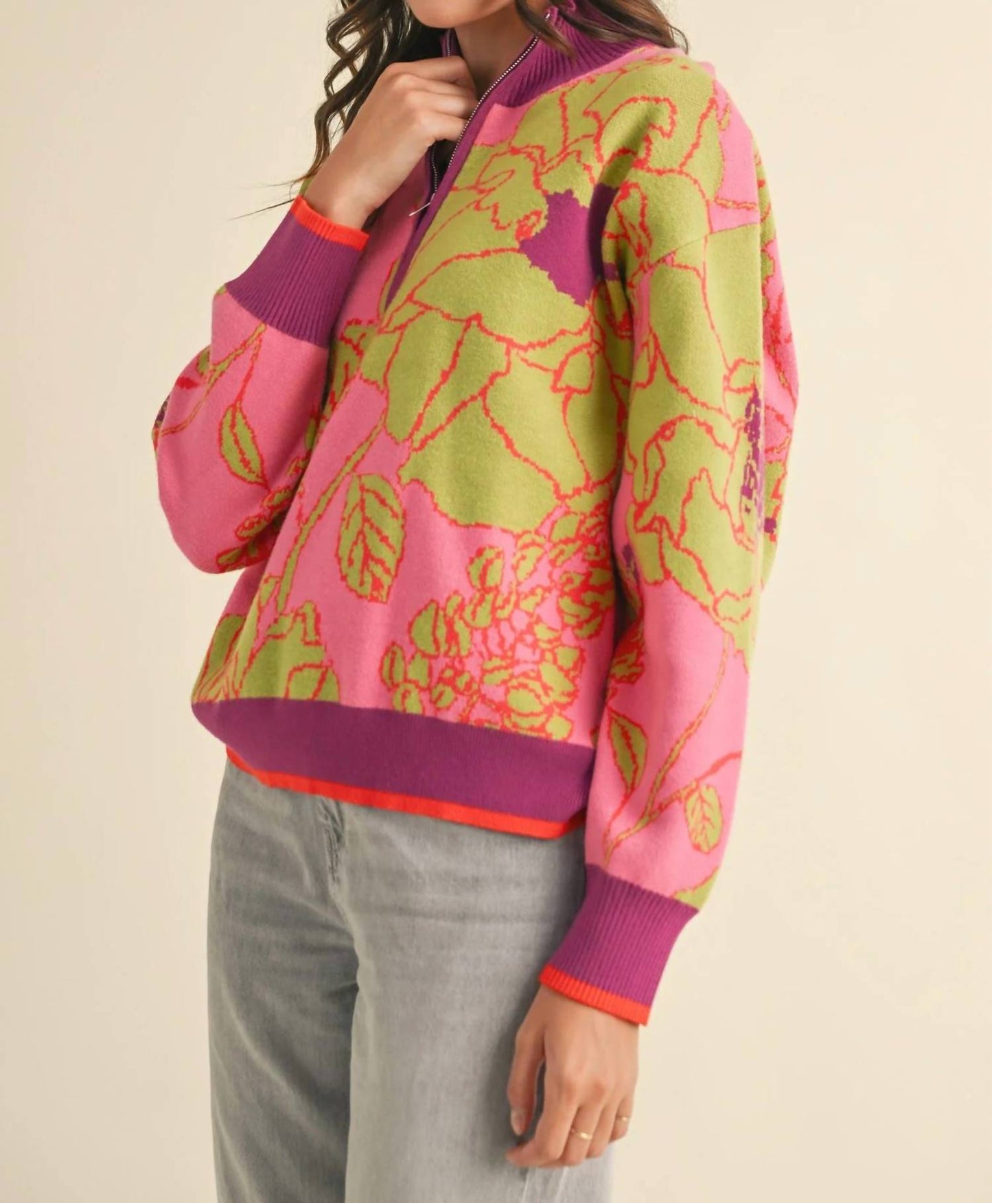 &Merci - Floral Knit Mock Neck Half Zip Pullover