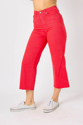 Judy Blue - High Waist Red Garment Dyed Tummy Control Crop Wide Leg