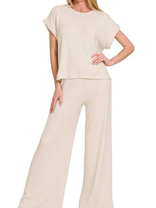 Trendsi - Zenana Rolled Sleeve Top and Pants Sweater Set