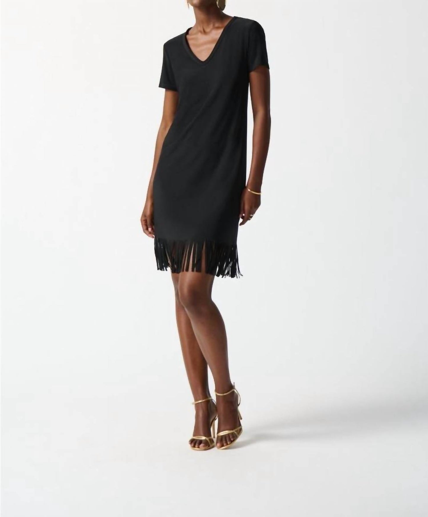Joseph Ribkoff - Fringe Hem V-neck Short Sleeve T-shirt Dress