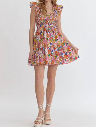Entro - Blooming Beauty Mini Dress with Ruffle Detail And Smocked Bodice