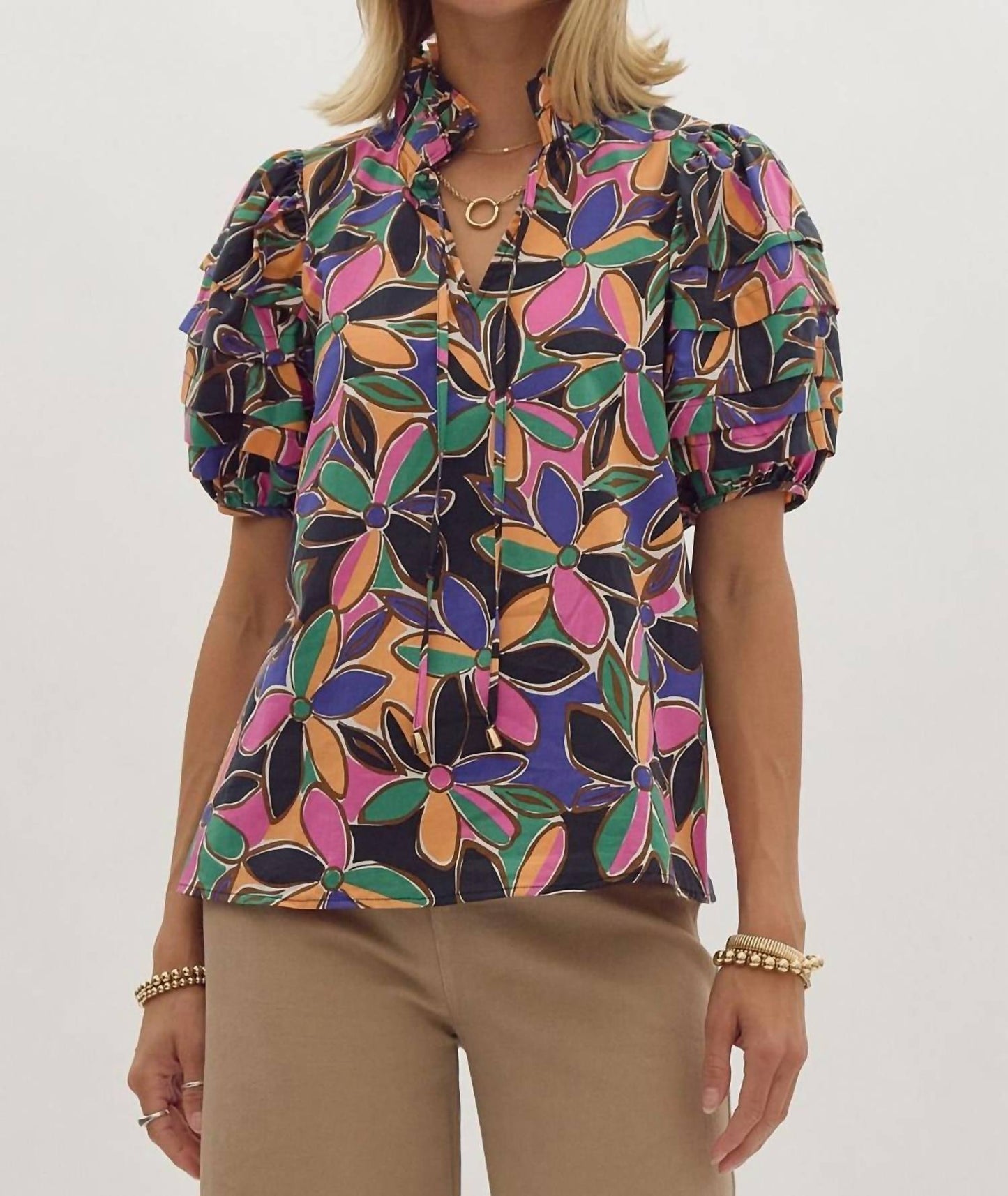 Entro - Floral Print Short Sleeve Tiered Detail Blouse