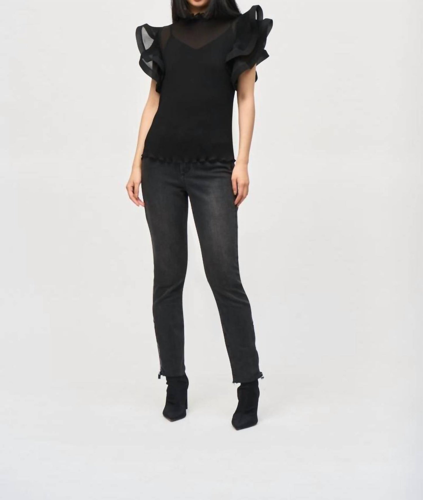 Joseph Ribkoff - Black Chiffon Ruffled Sleeve Turtle Neck Top