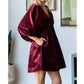 Veveret - Velvetpuff Sleeve Deep V-Neck Short Dress