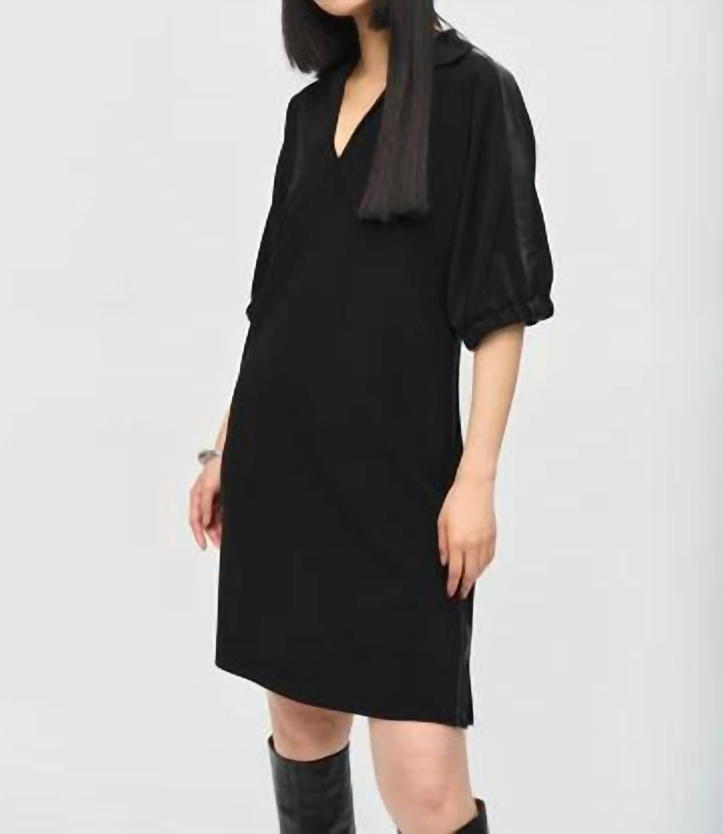 Joseph Ribkoff - Silky Knit Faux Leather Trapeze Dress