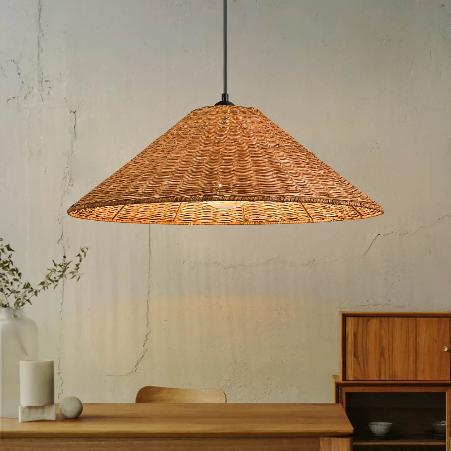 1Light Farmhouse Straw Hat Hand Woven Chandelier with Natural Rattan Shade
