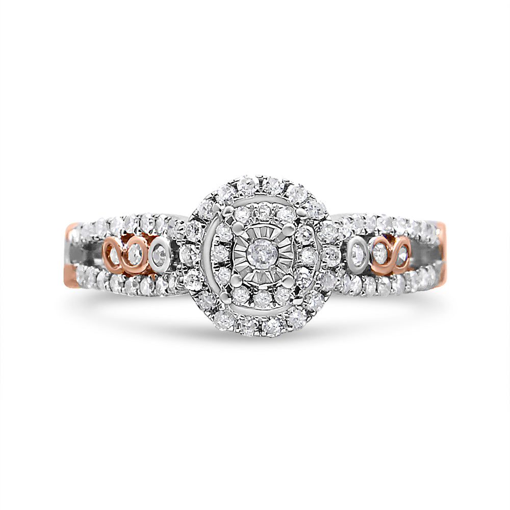 14K Rose Gold Plated .925 Sterling Silver 3/8 Cttw Round Diamond Double Frame Cross-Over Split Shank Engagement Ring (I-J Color, I2-I3 Clarity) - Size 8