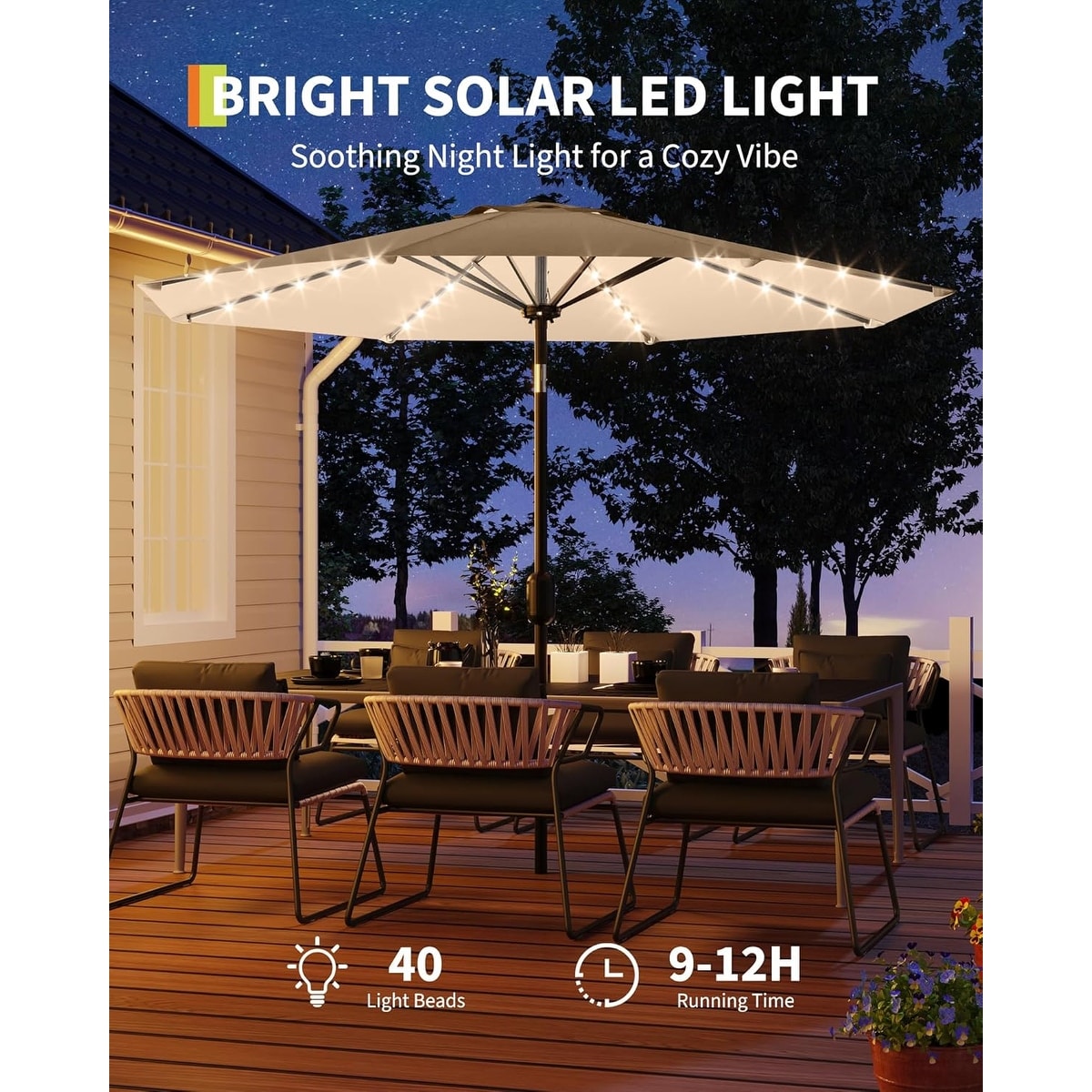 10 Ft Patio Umbrella with Solar Lights Outdoor Table Umbrella with 40 LED Lights  Tilt Crank