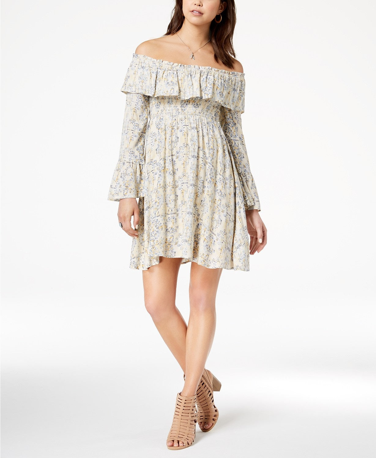 American Rag Juniors' Printed Off-The-Shoulder Oxford Tan Combo Size Extra Small