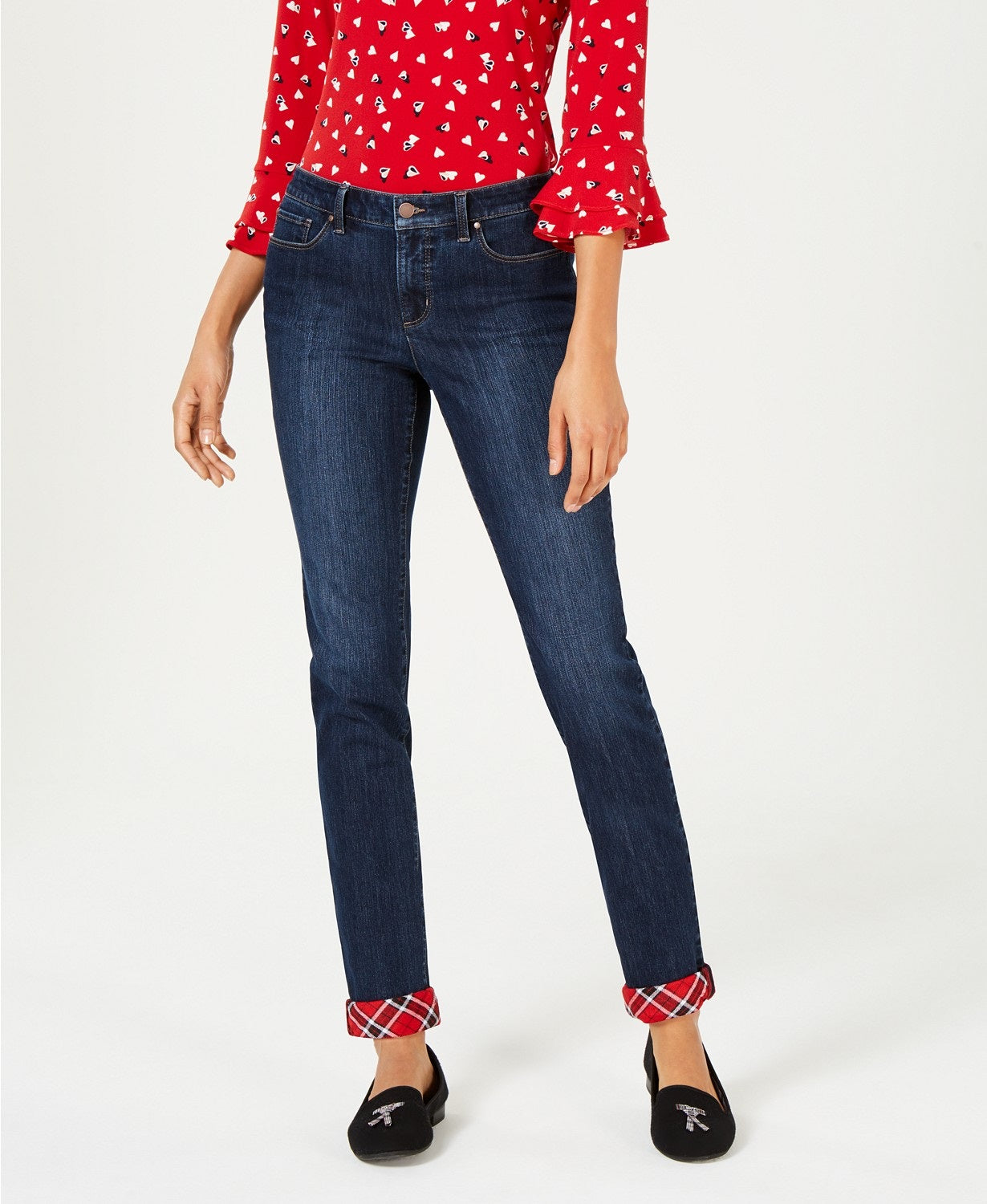 Charter Club Women's Plaid-Cuff Skinny Jeans Skyfall Wash Size 10"