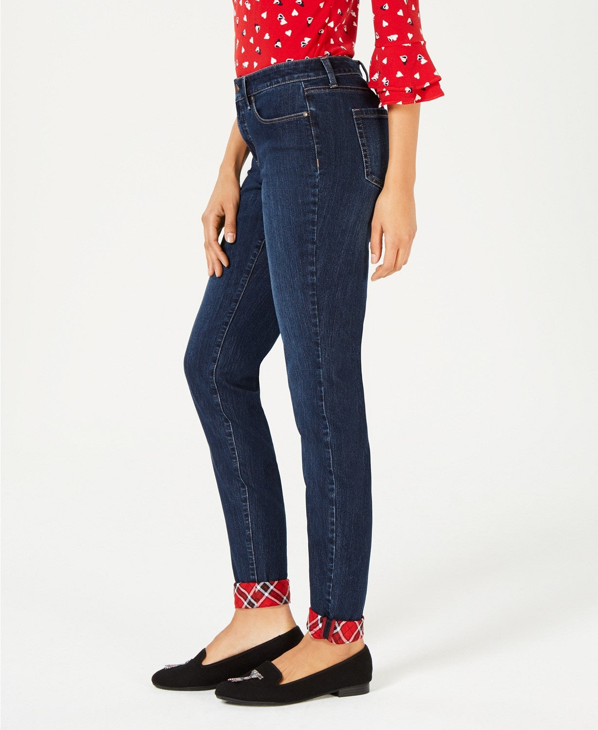 Charter Club Women's Plaid-Cuff Skinny Jeans Skyfall Wash Size 10"