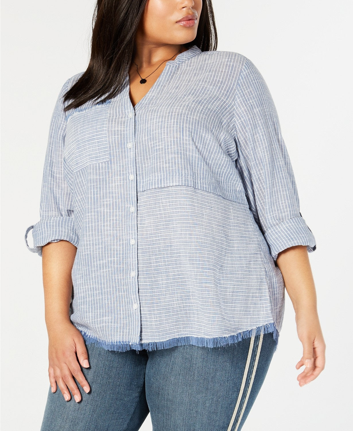 Style & Co Women's Cotton Striped Fringe-Trimmed Shirt Size Small