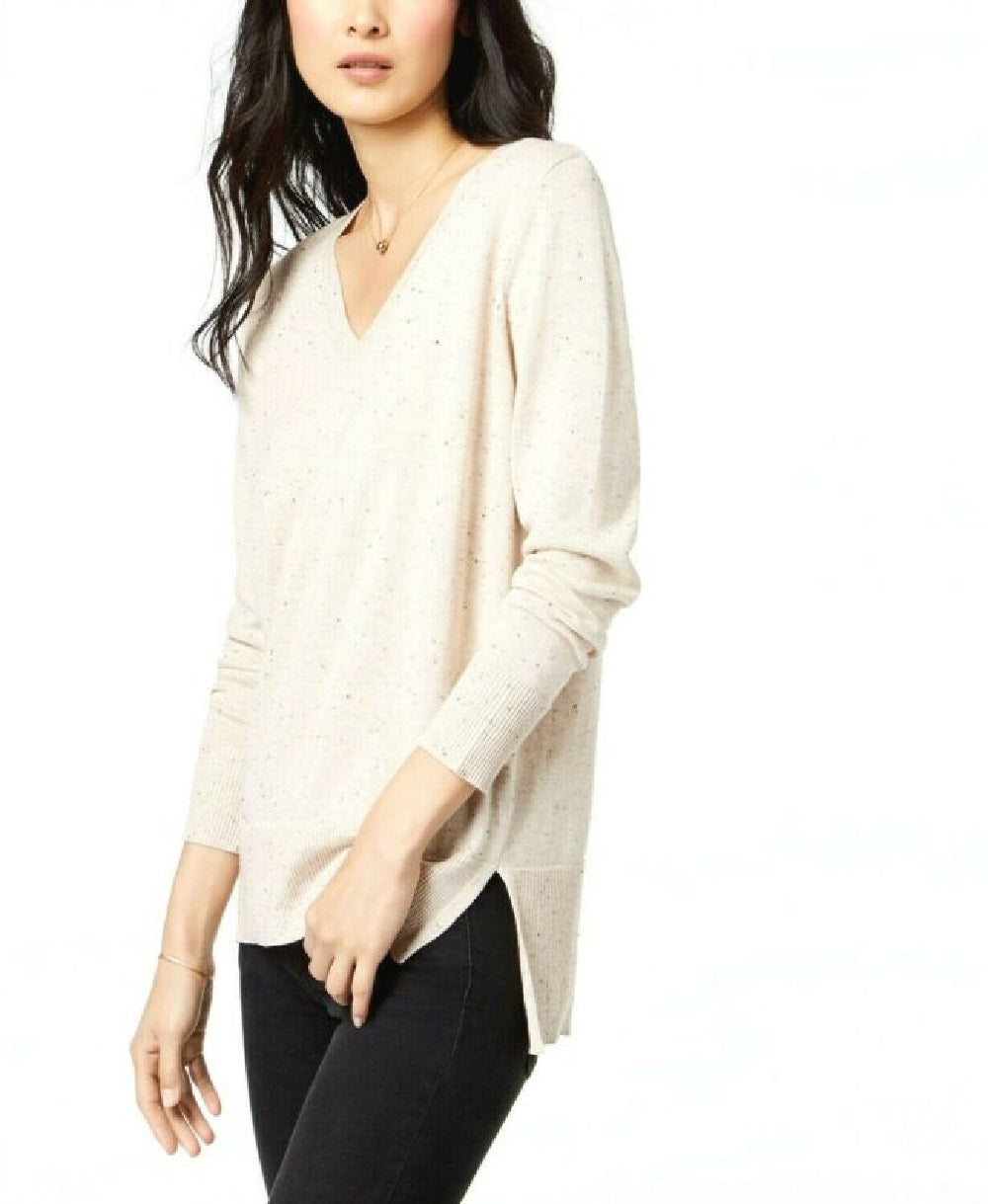 Maison Jules Women's Cotton V-neck Sweater Beige Walnut Heather Size Extra Large