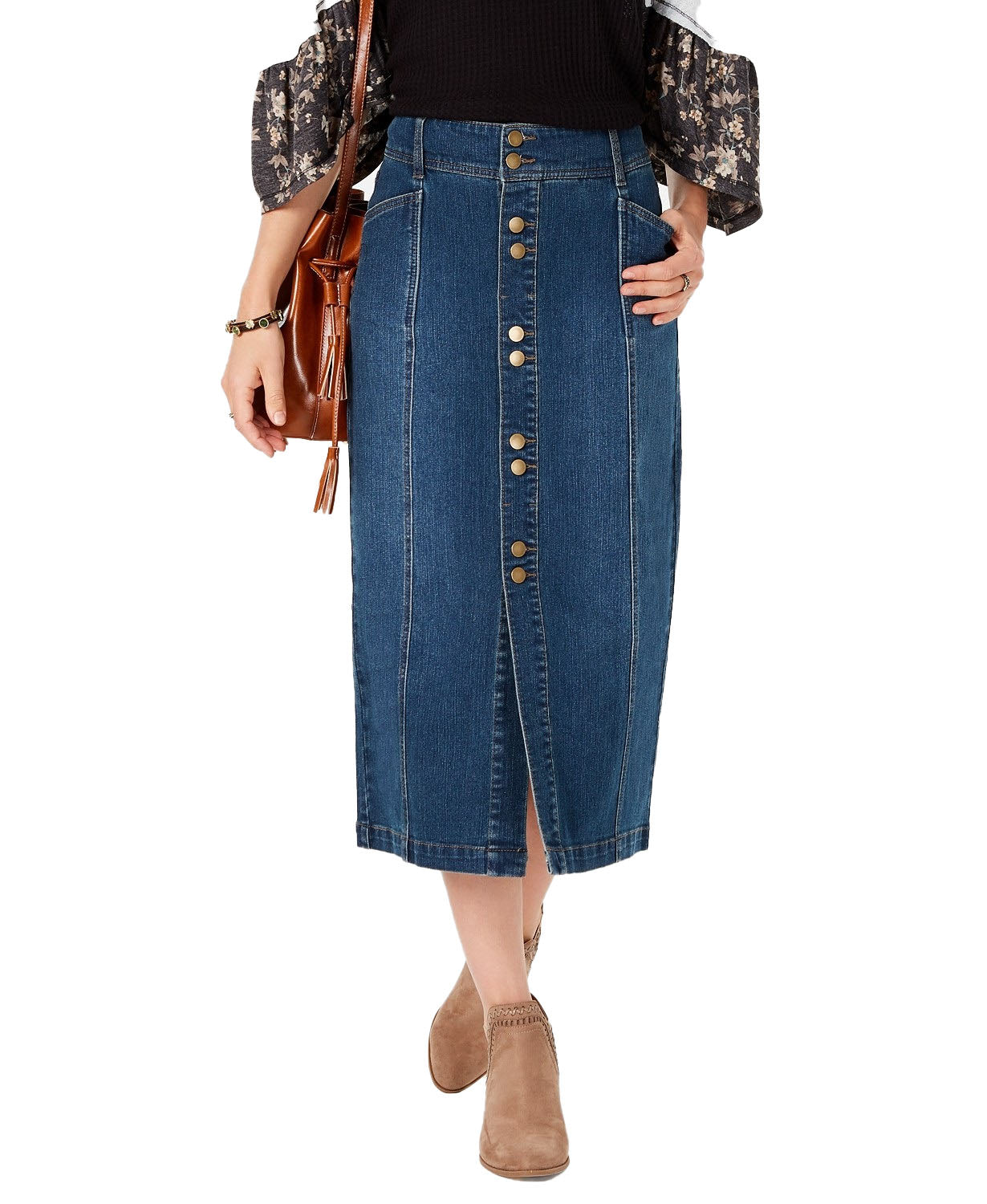 Style & Co Women's Button-Front Midi Denim Skirt Marine Size 4"