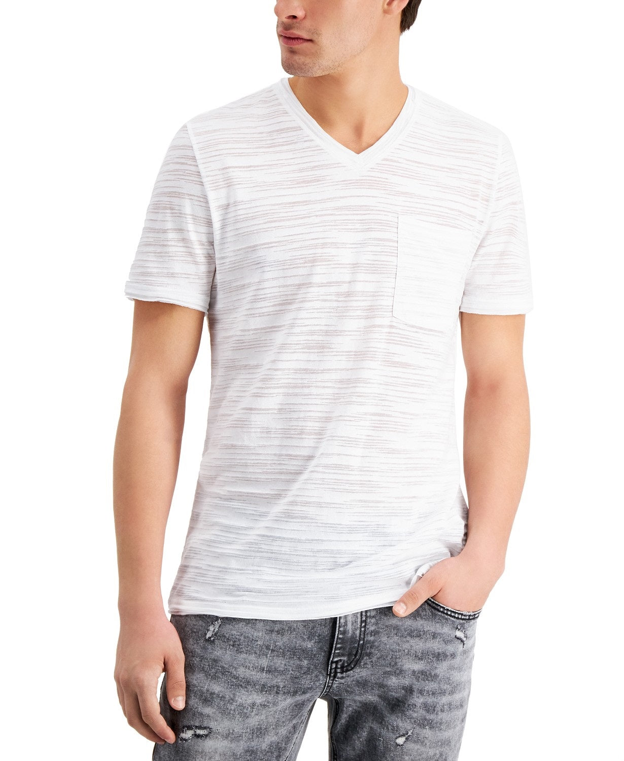 INC International Concepts Men's Broken-Stripe V-Neck T-Shirt White Size Large
