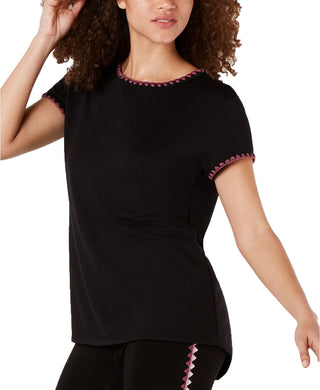 Ideology Women's Blanket-Stitch Drop-Hem T-Shirt Black Extra Small