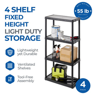 Gracious Living 4 Shelf Fixed Height Light Duty Storage Unit, Black (2 Pack)