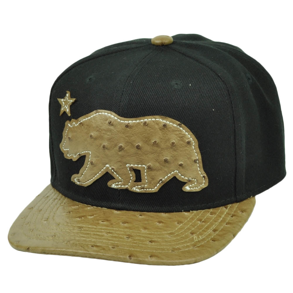California Republic Cali Bear Ostrich Flat Bill Snapback Black Brown Hat Cap