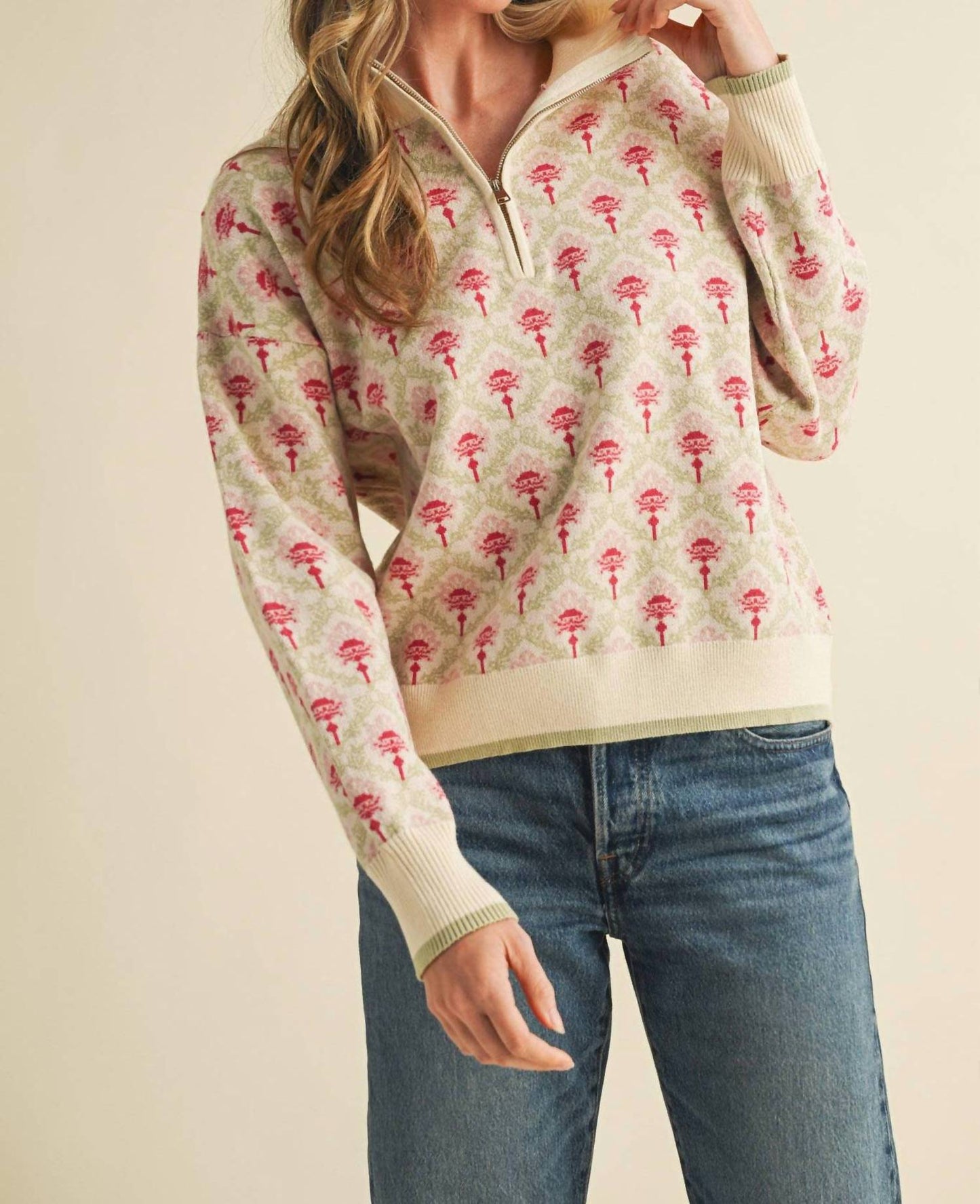 &Merci - Floral Mock Neck Half Zip Pullover Sweater