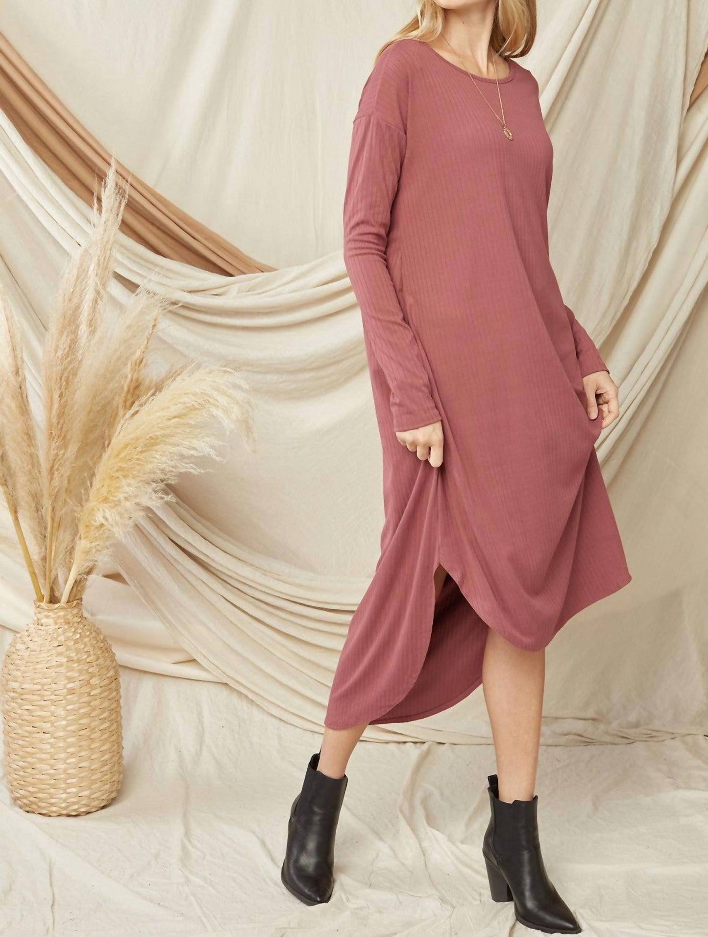 Entro - Ribbed Pocket Midi Dress Marsala