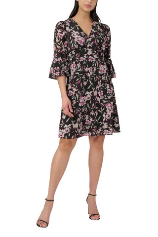 Adrianna Papell - V-neck 3/4 Bell Sleeves Chiffon Dress