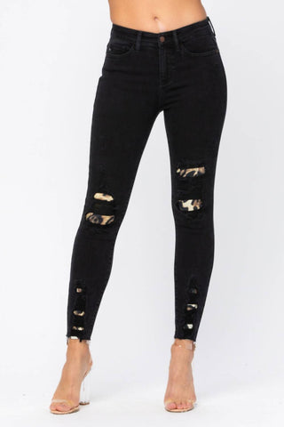 Judy Blue - Mid-rise Destroyed Leopard Patch Skinny Jeans