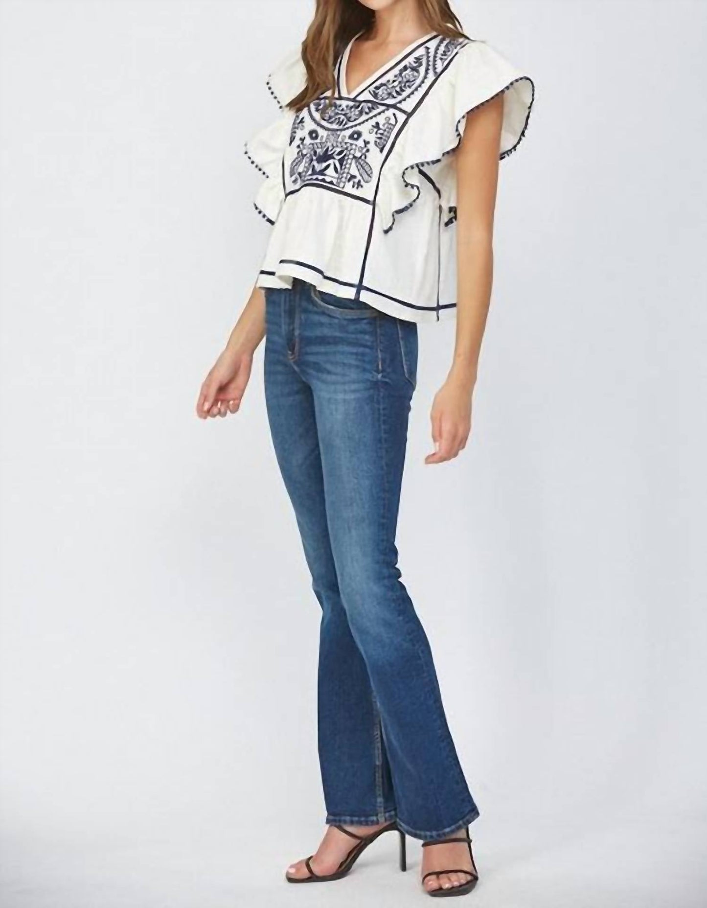 Fate - Lace Insert Embroidered Flutter Sleeve Blouse