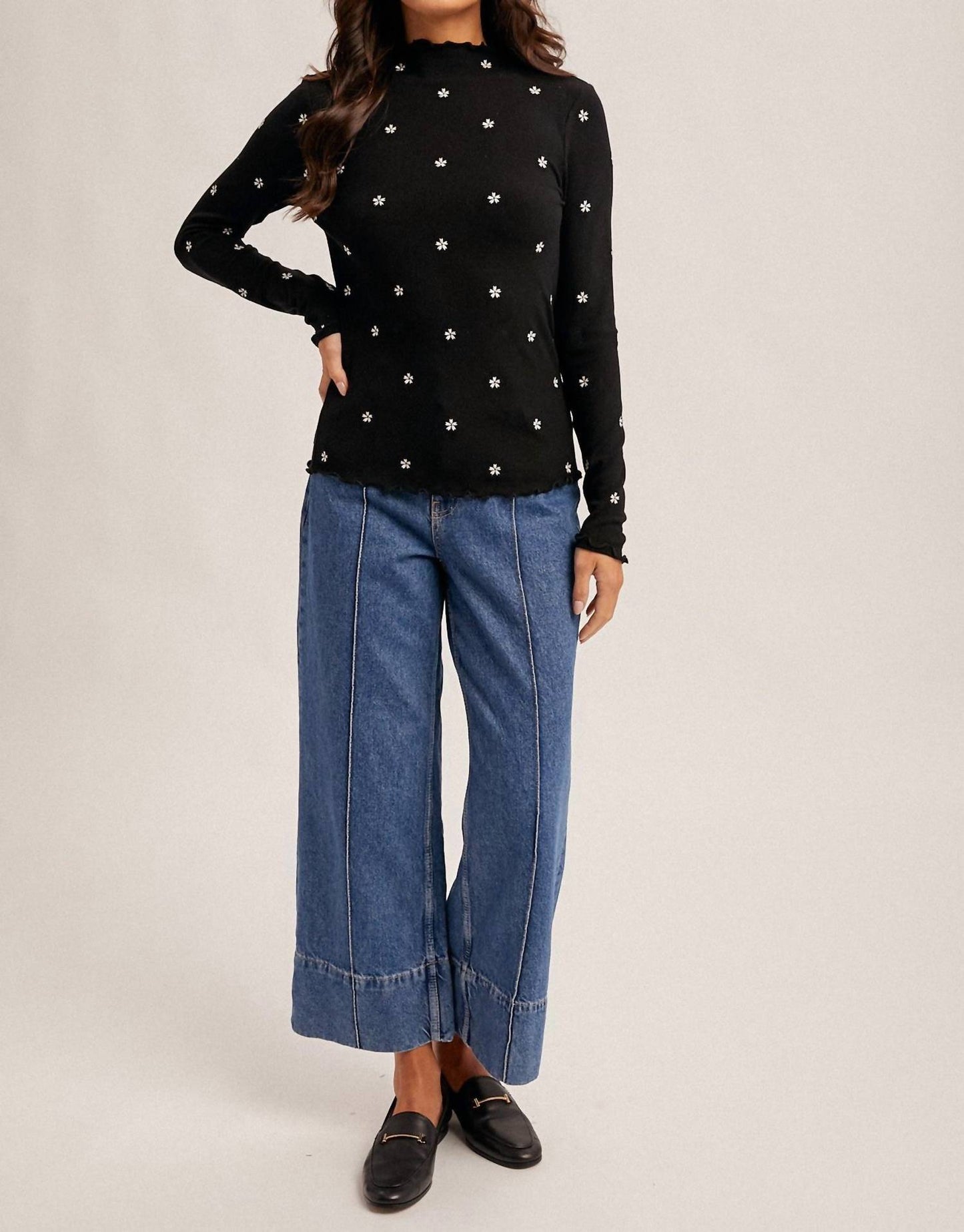 Hem & Thread - Eden Flower Embroidered Mock Neck Sweater