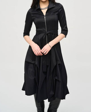 Joseph Ribkoff - Zip Front Waist Sash Taffeta Midi Dress