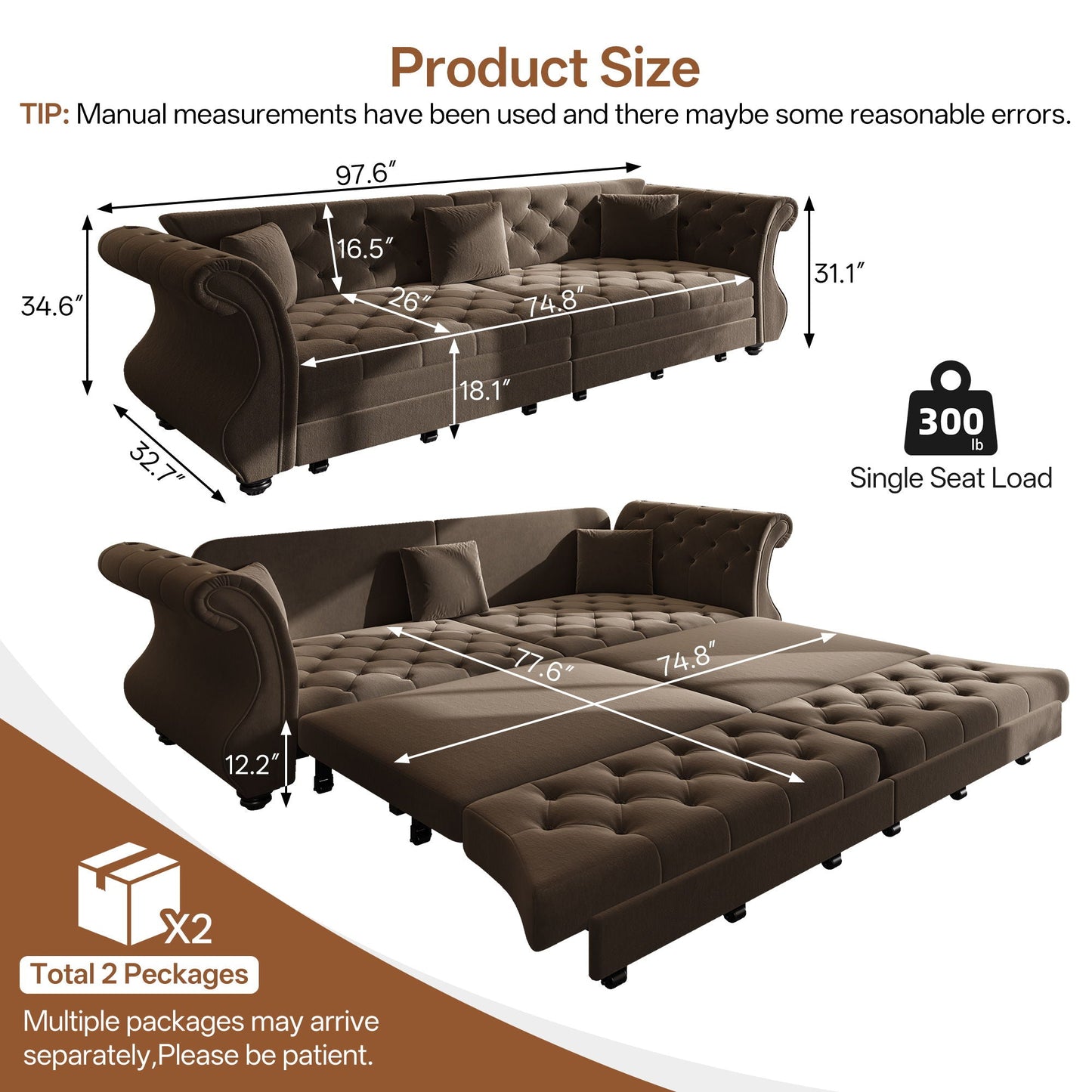 Oversized Chesterfield Pull Out Sofa Bed with Flower Tufting
