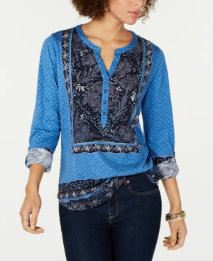 Style & Co Printed Split Neck Roll Tab Top