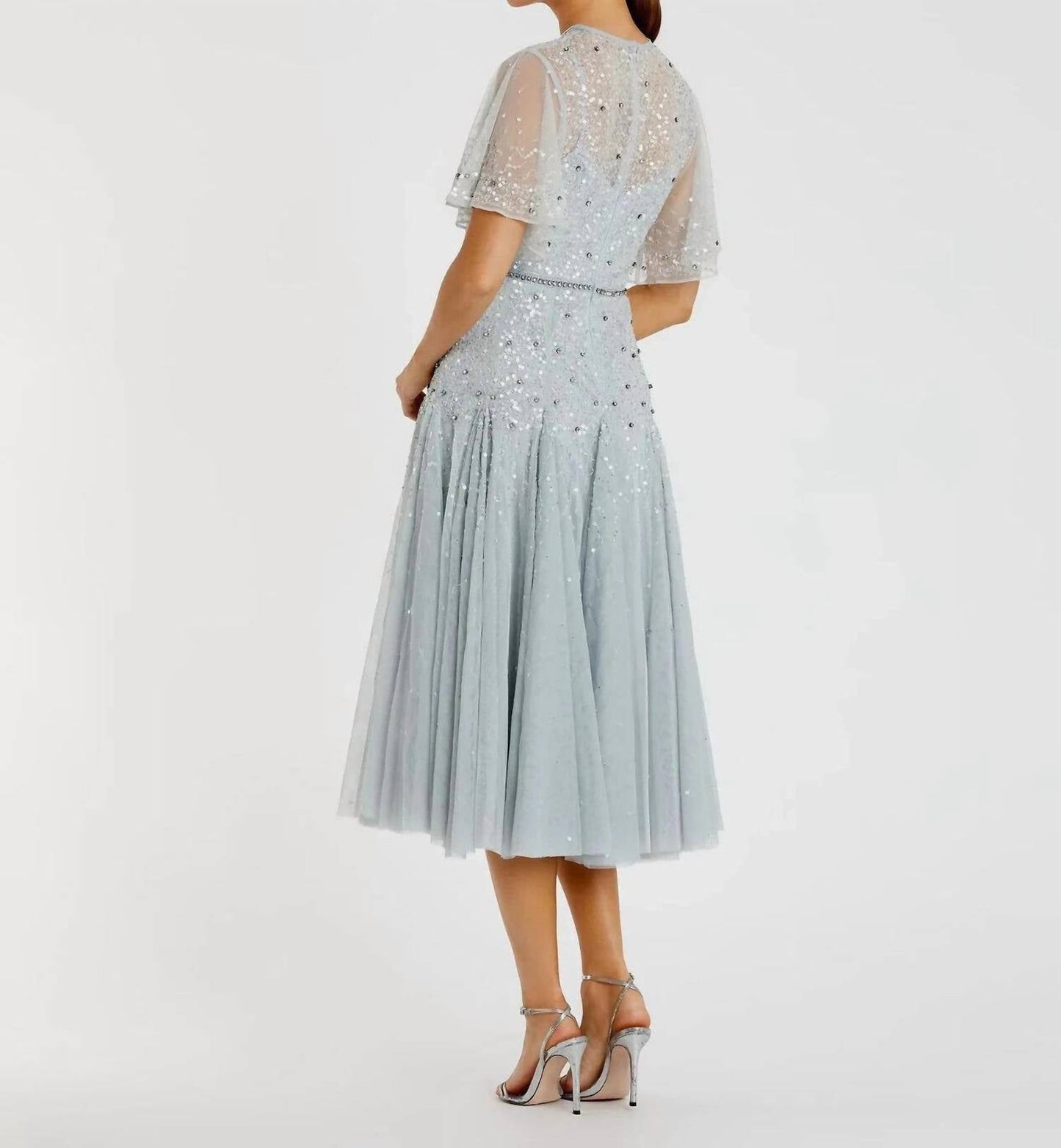 Mac Duggal - Cape Sleeve Beaded Tea Length Aline Gown