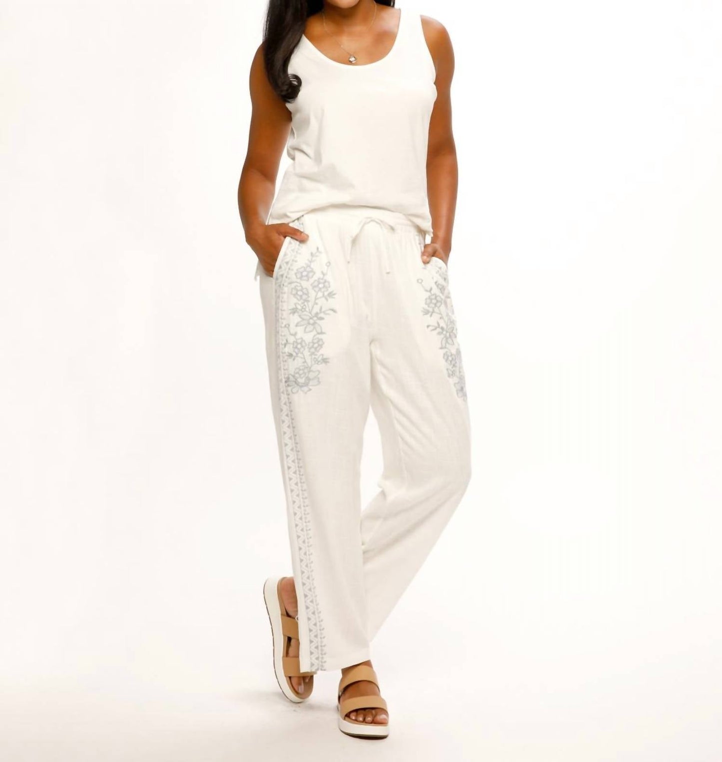 Paparazzi - Linen Blend Wide Leg Embroidered Pant