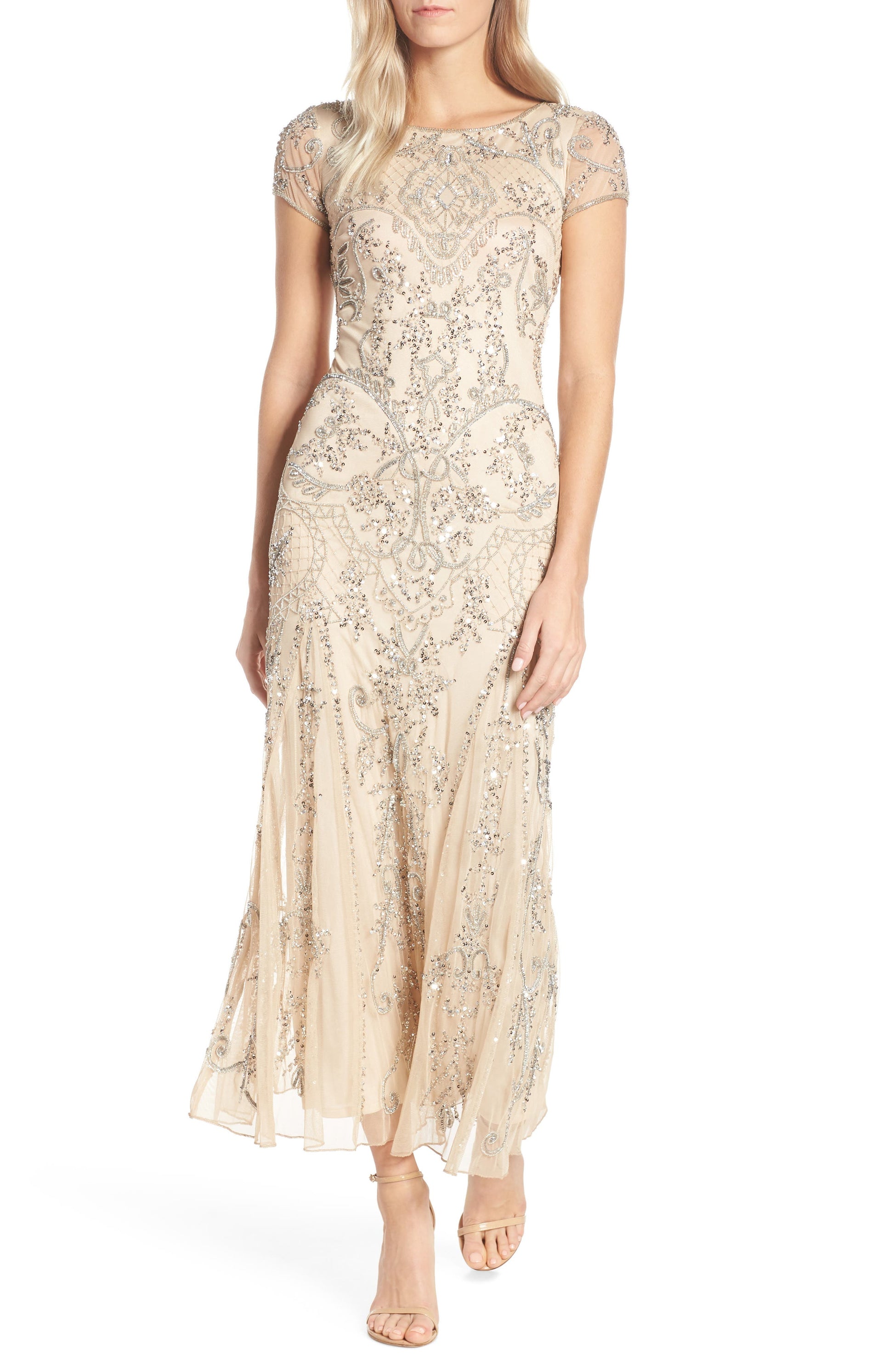 Petite Women's Pisarro Nights Embellished Mesh Gown, Size 10P - Metallic Petite Women's Pisarro Nights Embellished Mesh Gown, Size 10P - Metallic