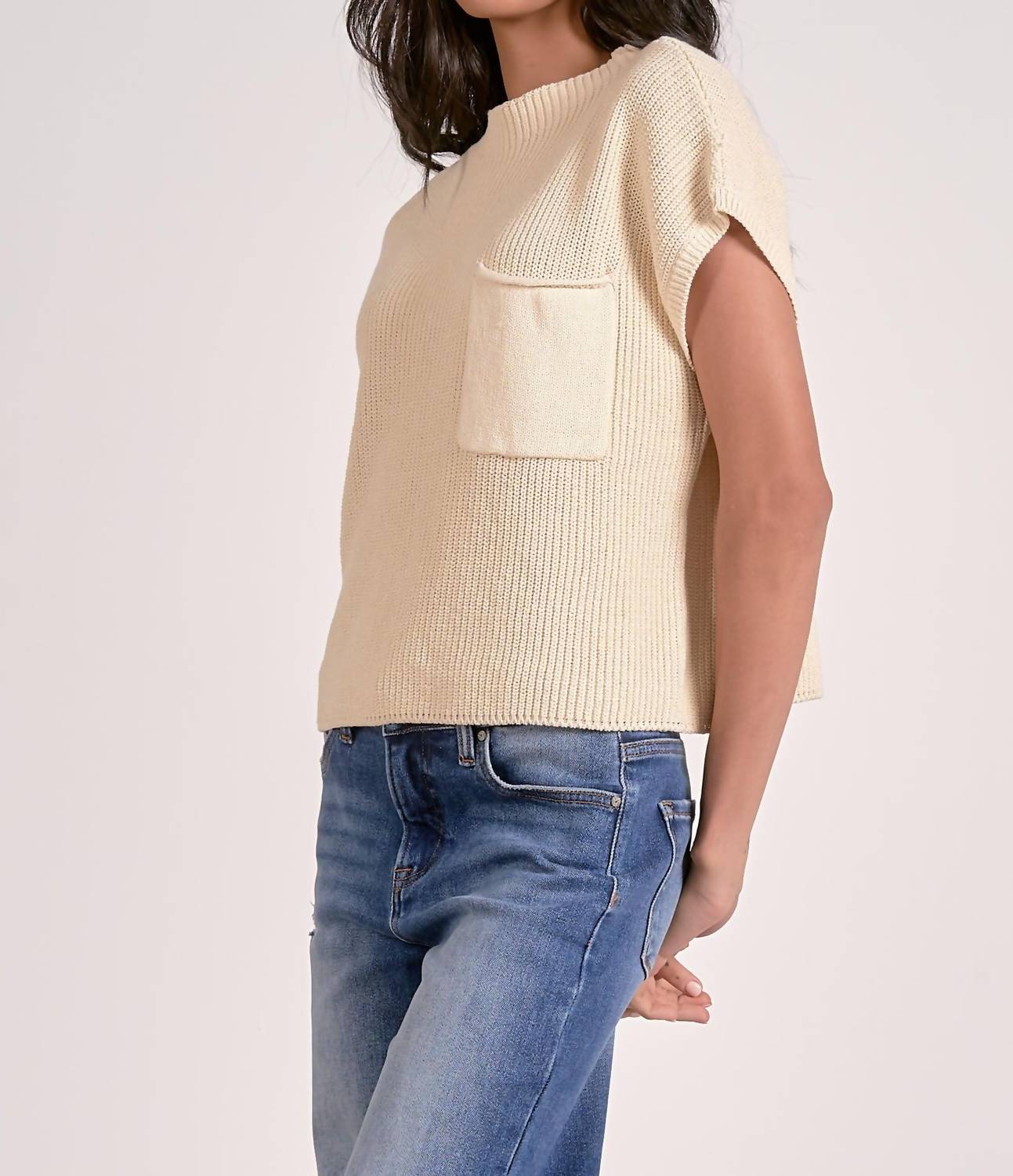Elan - Sweater Cap Sleeve Crew Neck Top