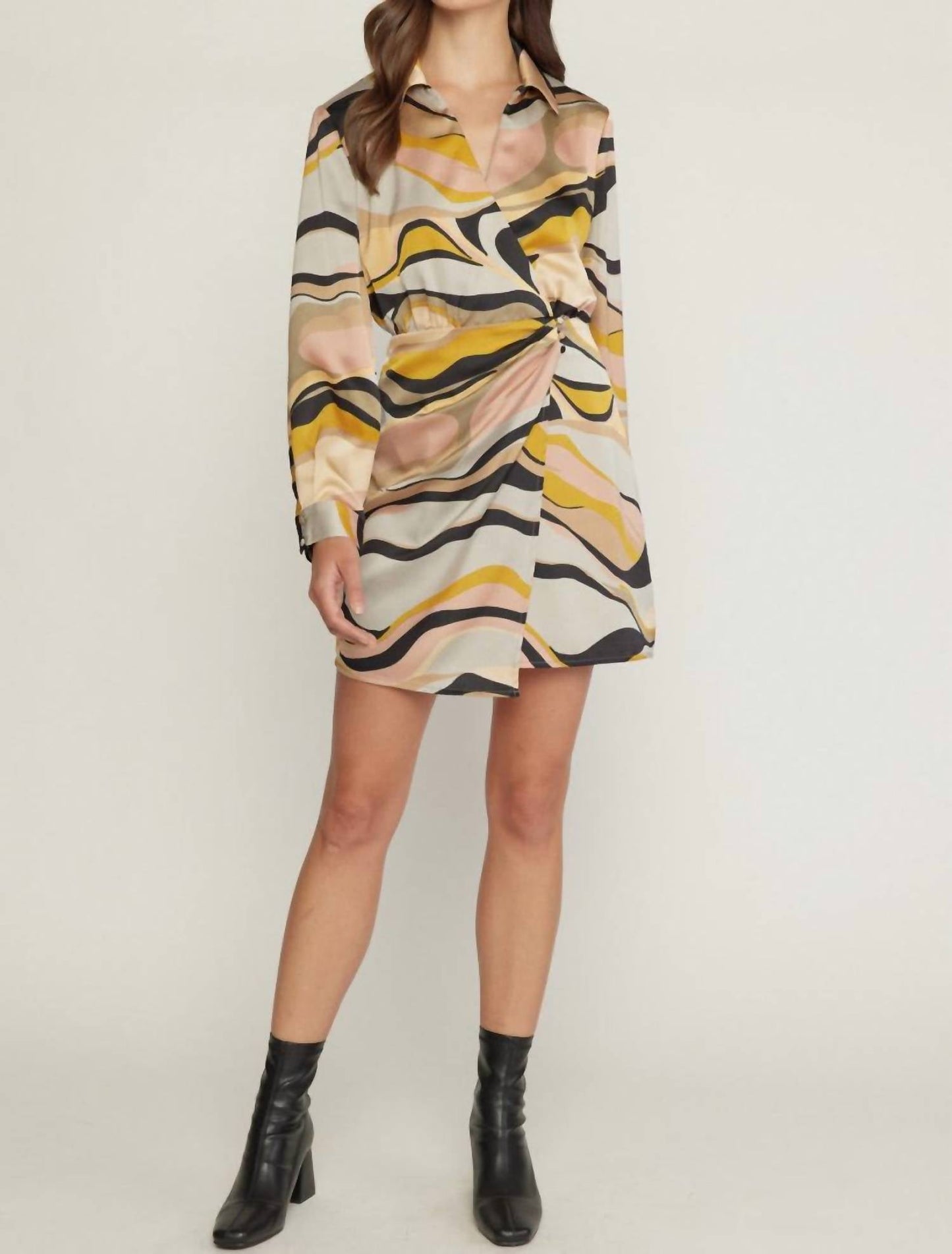 Entro - Swirl Print V-Neck Wrap Style Mini Dress