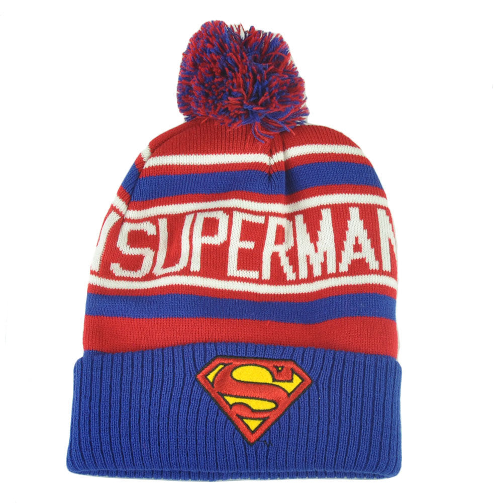 DC Comics Superman Man of Steel Superhero Word Front Beanie Knit Cuffed Pom Hat