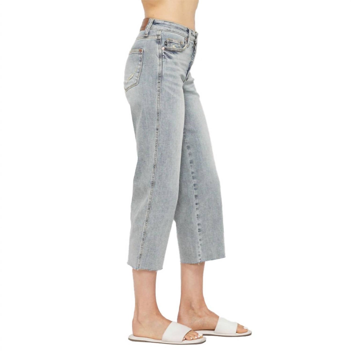 Judy Blue - Midrise Tummy Control Raw Hem Wide Leg Crop Denim