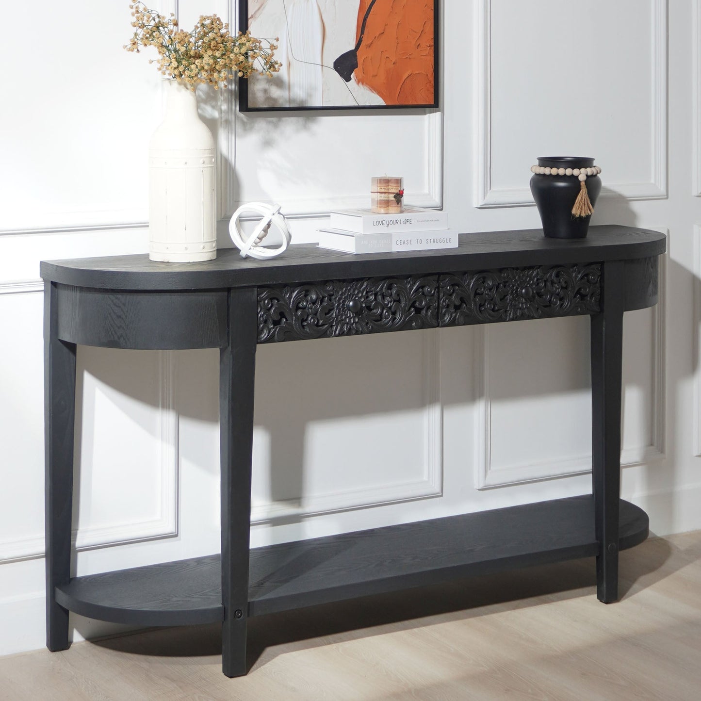 59.2in Black Carved Wooden Console Table with Lower Storage Shelf and Drawers