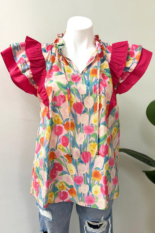 Entro - Floral Print Ruffle Sleeve Blouse