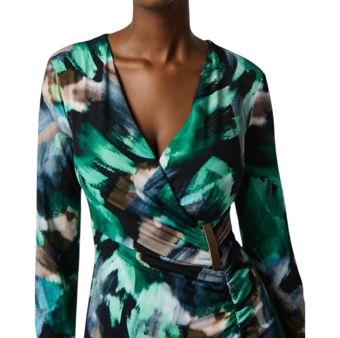Joseph Ribkoff - Abstract Print Silky Knit Wrap Dress With Ornament