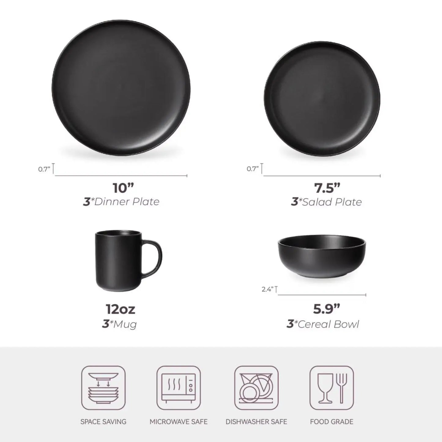 12-piece Matte Black Stoneware Dinnerware Set for 3