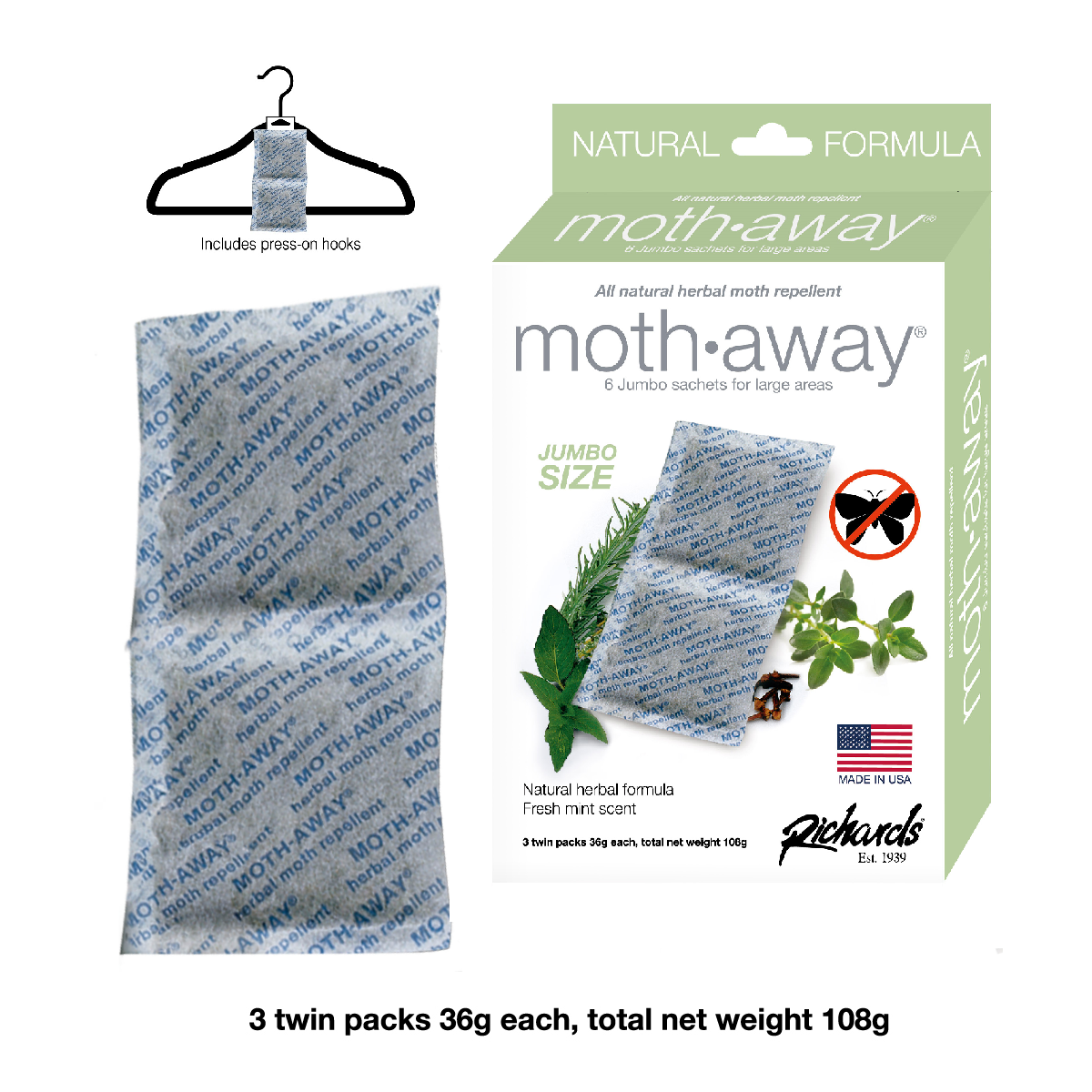 Moth Away Sachets Nontoxic (White 7" x 4.5") Jumbo