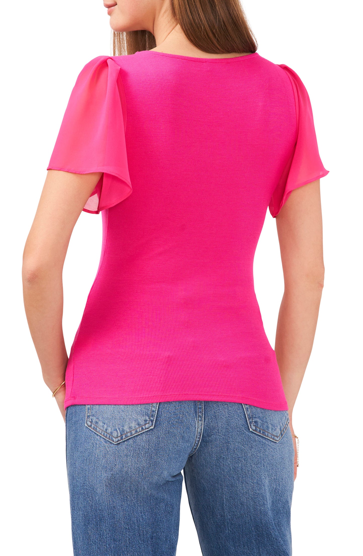 1.STATE Flutter Sleeve T-Shirt Rib Knit Berry Pink Size M