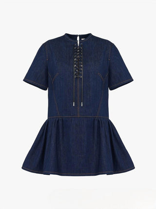 Alexander Mcqueen - Tiered Lace-up Topstitched Denim Dress