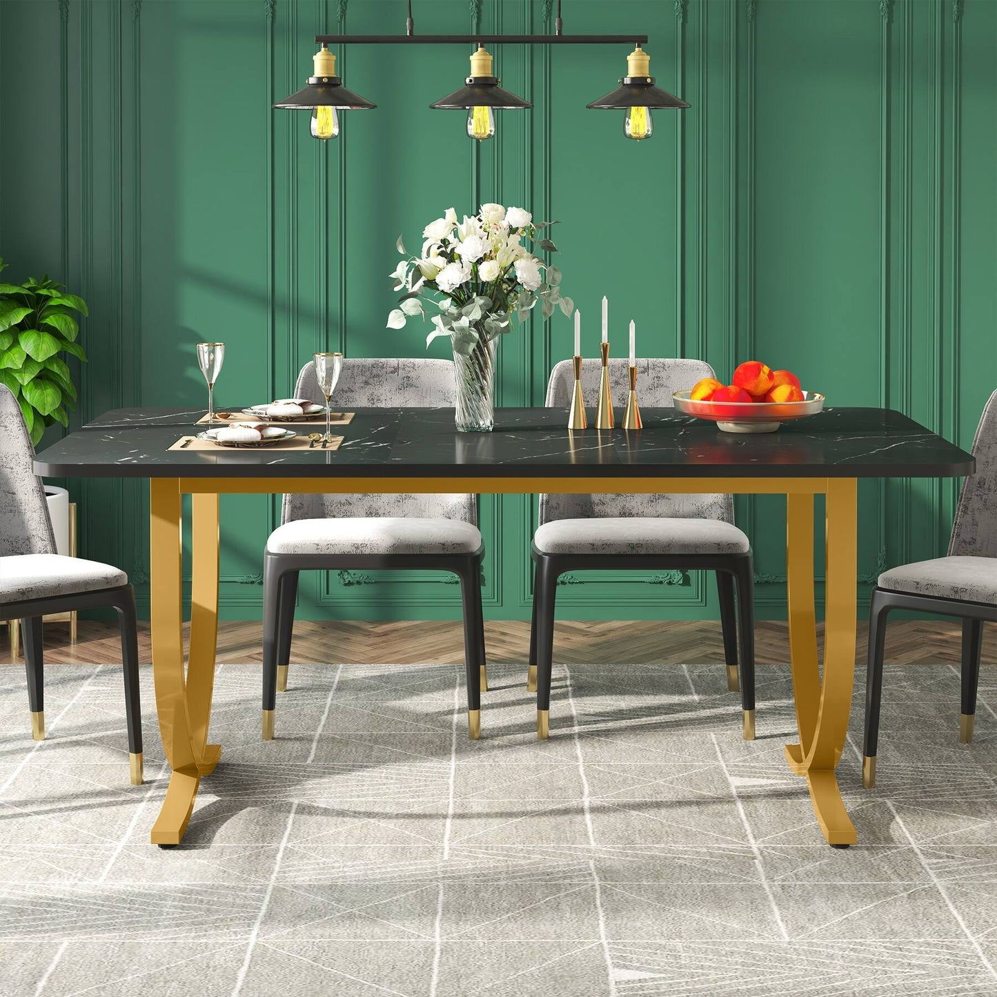 63 Inch Black and Gold Rectangular Dining Table