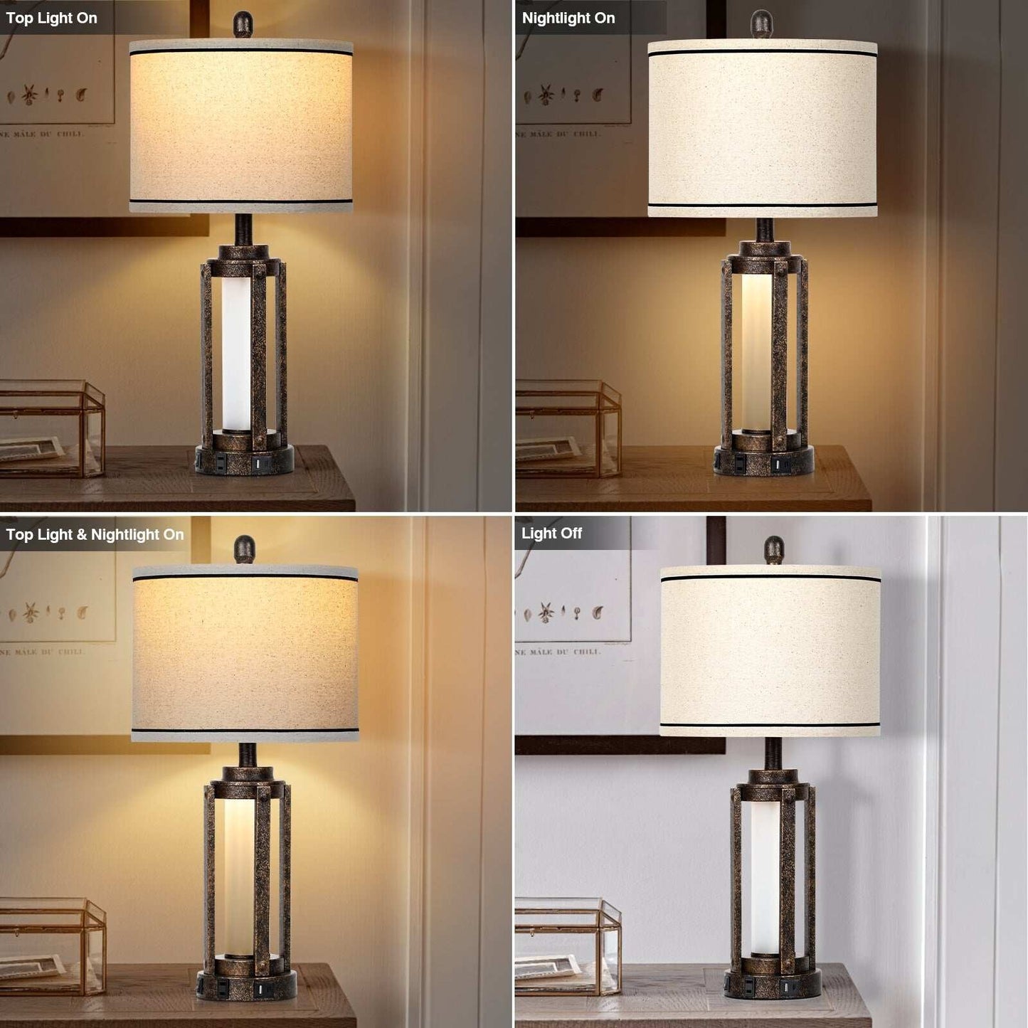 Set of 2 Black  Gold Table Lamps with Nightlight