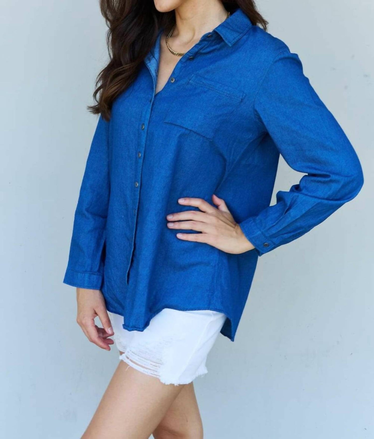 Doublju - Denim Button Down Shirt Top