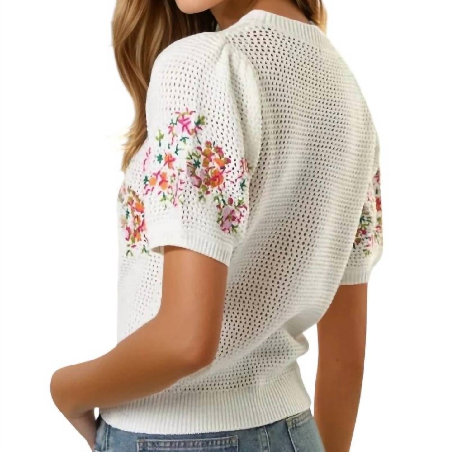 Lalavon - Susan Puff Sleeve Floral Embroidered Crochet Top